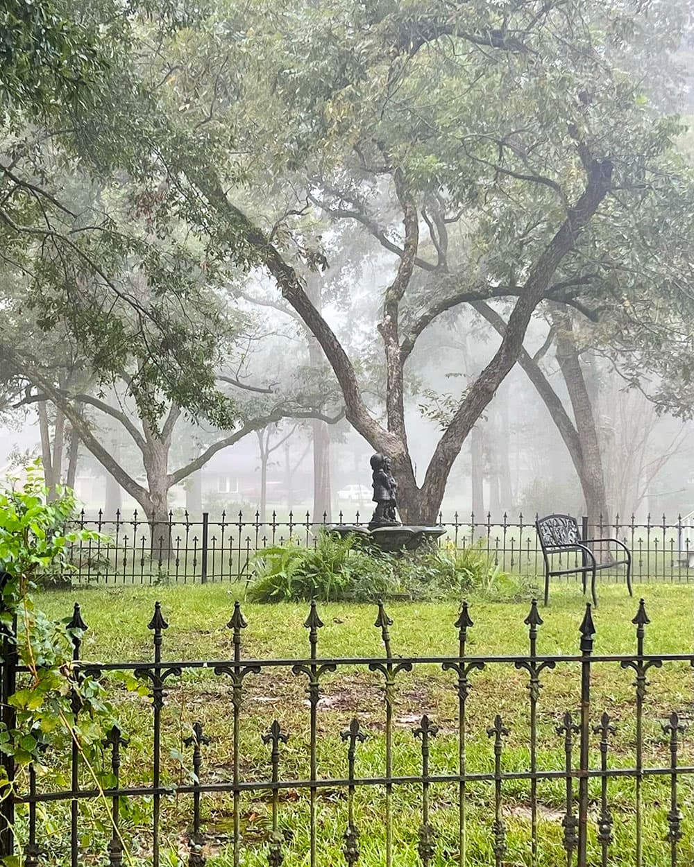 A misty landscape featuring a fenced garden, a small statue, and a lone chair under a large tree.
